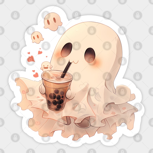 Spooky Sheet Ghost enjoying boba tea on Halloween Sticker by Lunatic Bear